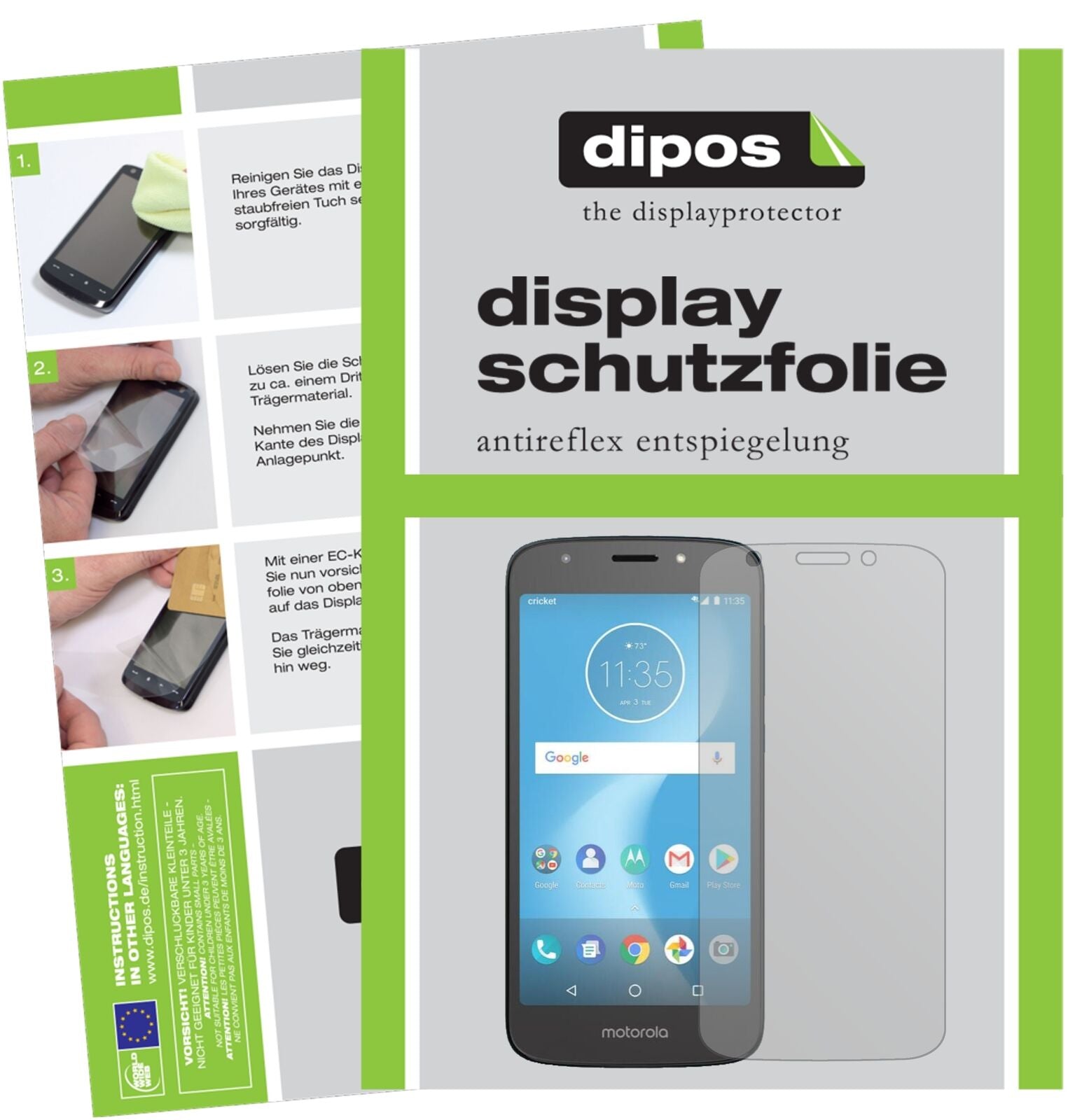 MotorolaMoto E5 Play SD425 mit aufgebrachter dipos Displayschutzfolie, die lästige Fingerabdrücke minimiert