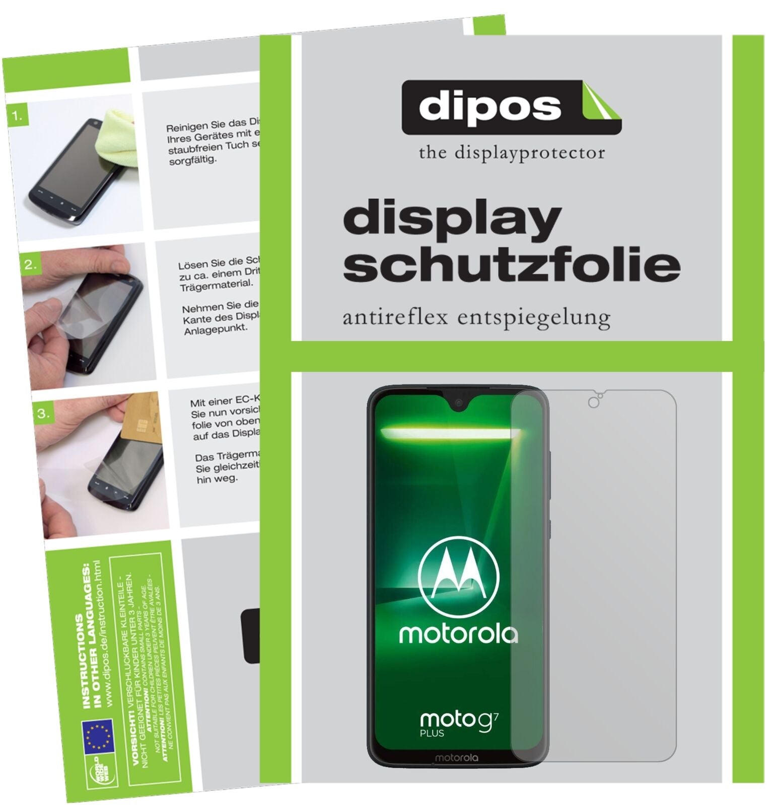 MotorolaMoto G7 Plus mit aufgebrachter dipos Displayschutzfolie, die lästige Fingerabdrücke minimiert