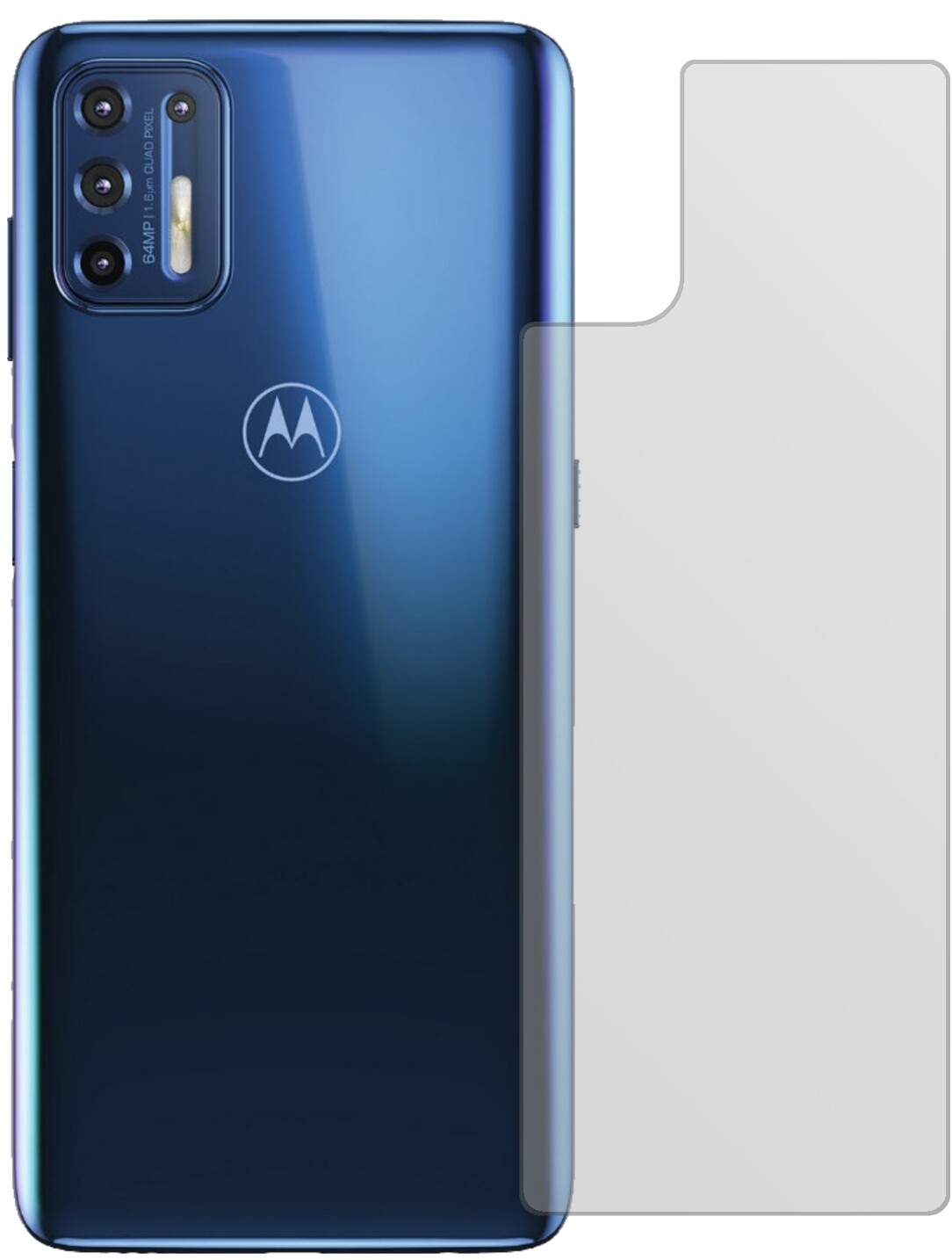 MotorolaMoto G9 Plus Rückseite mit aufgebrachter dipos Displayschutzfolie, die lästige Fingerabdrücke minimiert