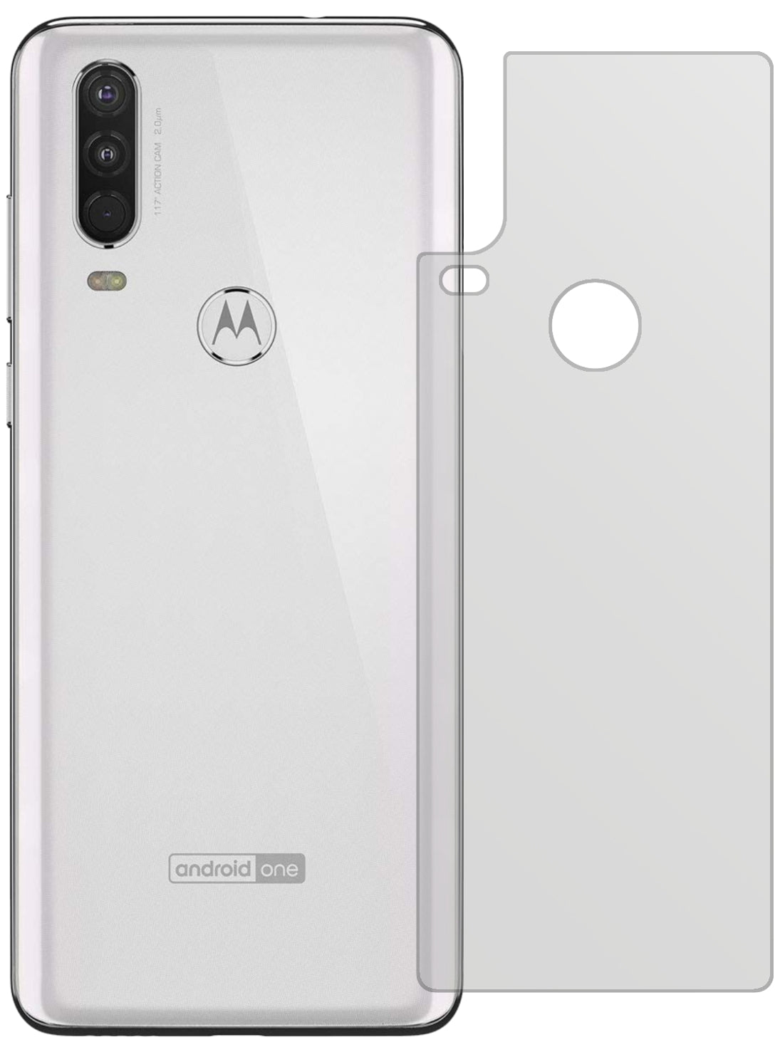 MotorolaOne Action Rückseite mit aufgebrachter dipos Displayschutzfolie, die lästige Fingerabdrücke minimiert