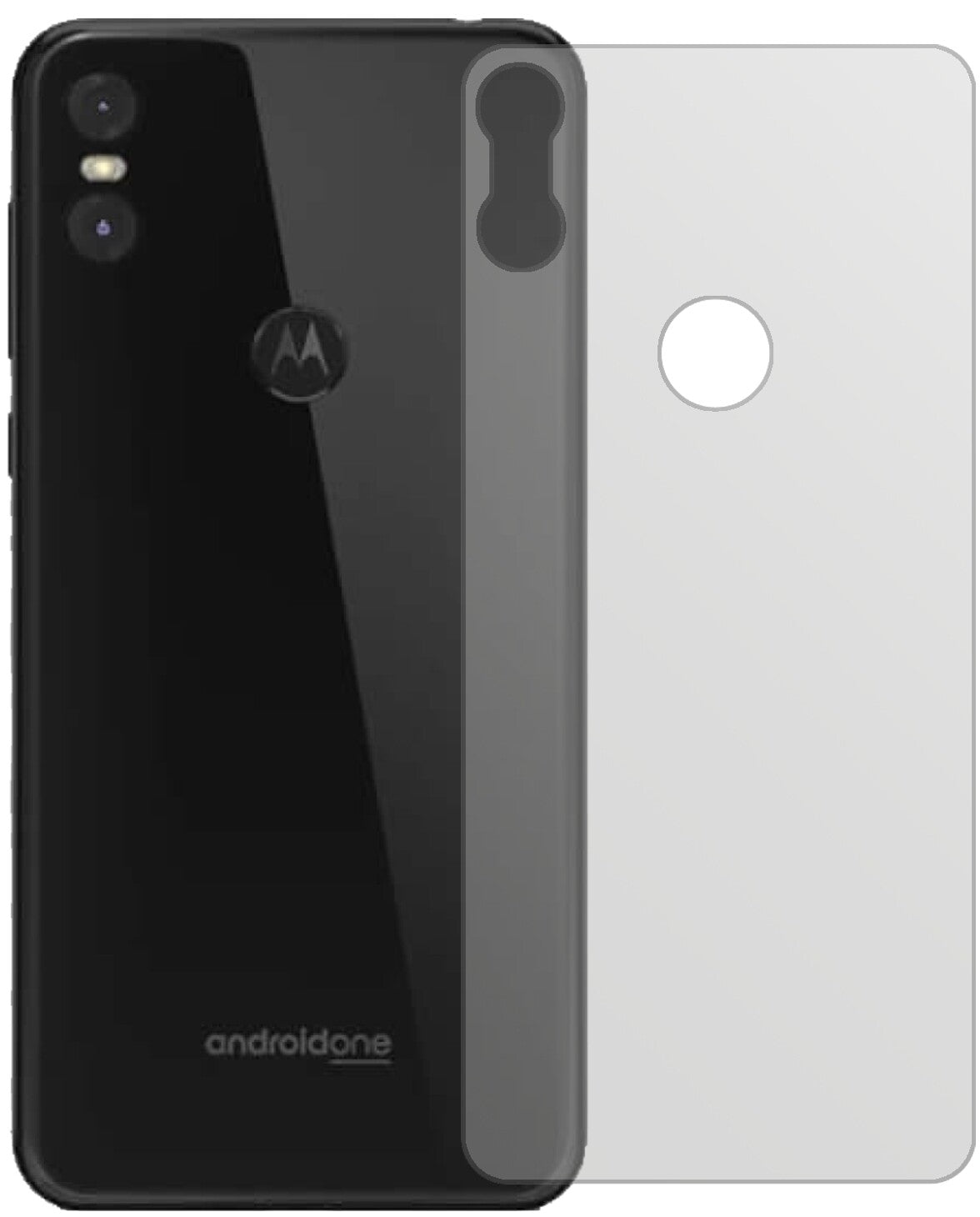 MotorolaOne Rückseite mit aufgebrachter dipos Displayschutzfolie, die lästige Fingerabdrücke minimiert