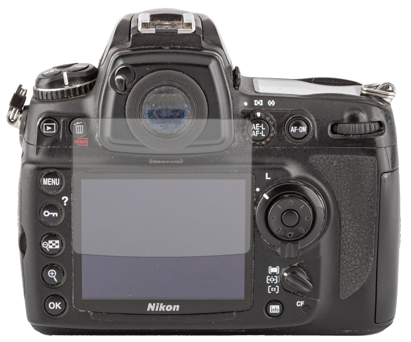 NikonD700 mit aufgebrachter dipos Displayschutzfolie, die lästige Fingerabdrücke minimiert
