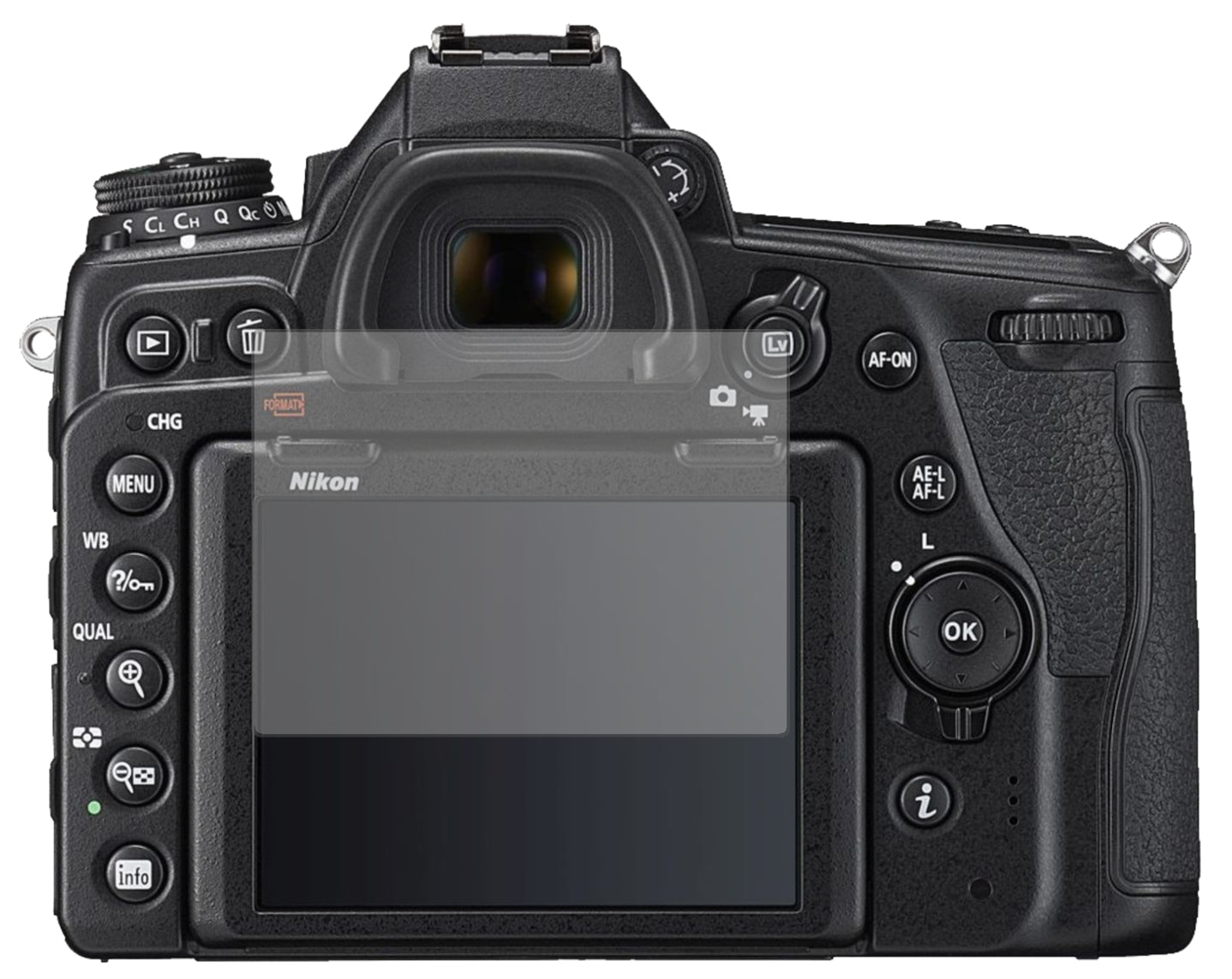 NikonD780 mit aufgebrachter dipos Displayschutzfolie, die lästige Fingerabdrücke minimiert