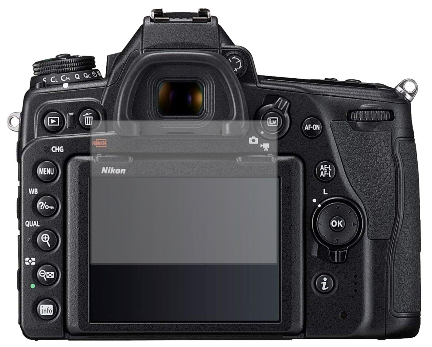 NikonDSLR D780 mit aufgebrachter dipos Displayschutzfolie, die lästige Fingerabdrücke minimiert
