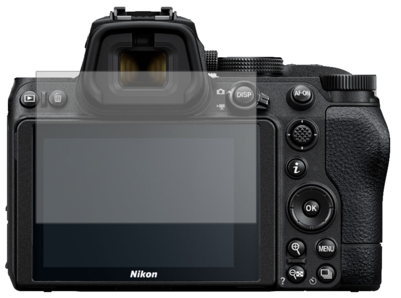 NikonZ5 mit aufgebrachter dipos Displayschutzfolie, die lästige Fingerabdrücke minimiert