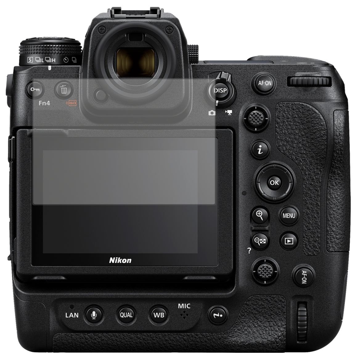 NikonZ9 mit aufgebrachter dipos Displayschutzfolie, die lästige Fingerabdrücke minimiert