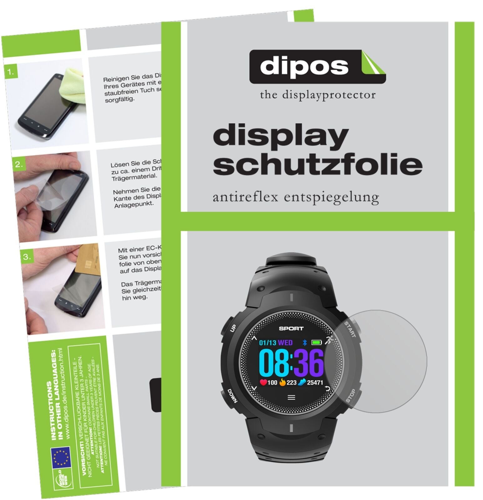 No.1F13 Smartwatch mit aufgebrachter dipos Displayschutzfolie, die lästige Fingerabdrücke minimiert