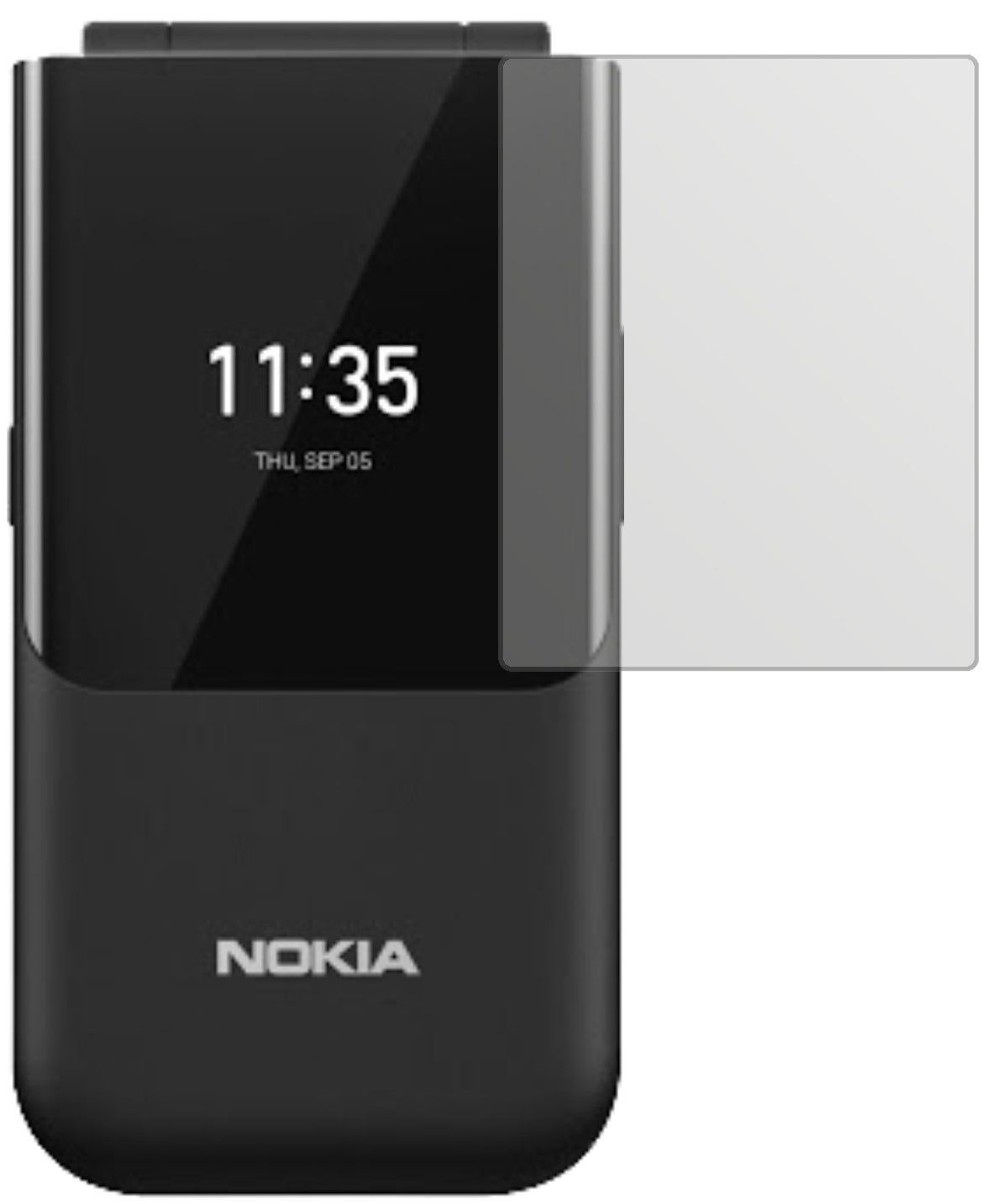 Nokia2720 Flip Rückseite mit aufgebrachter dipos Displayschutzfolie, die lästige Fingerabdrücke minimiert