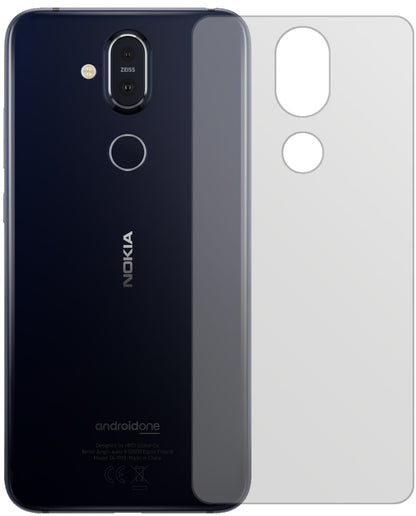Nokia8.1 Rückseite mit aufgebrachter dipos Displayschutzfolie, die lästige Fingerabdrücke minimiert