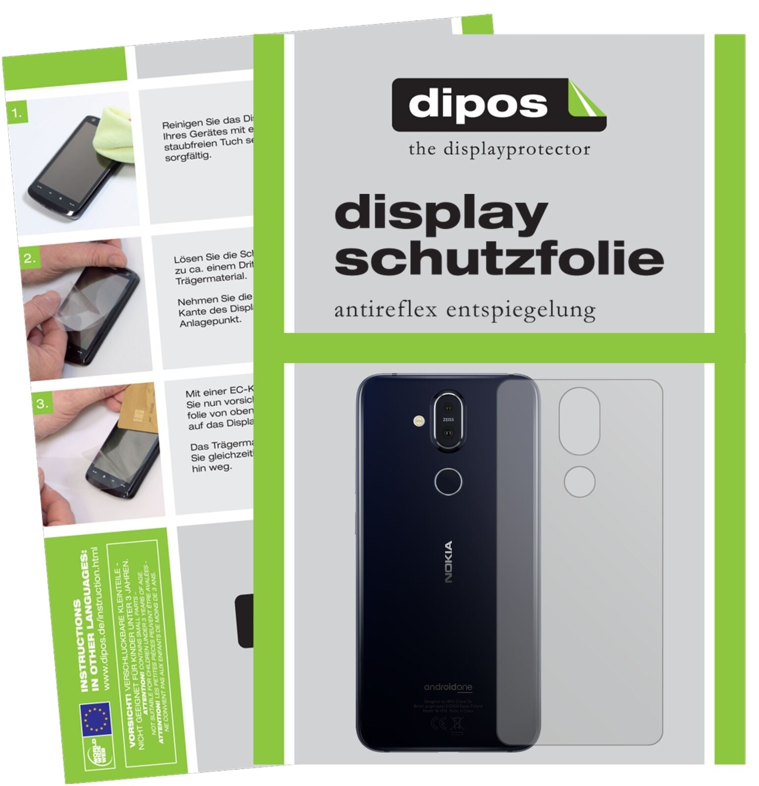 Nokia8.1 Rückseite mit aufgebrachter dipos Displayschutzfolie, die lästige Fingerabdrücke minimiert