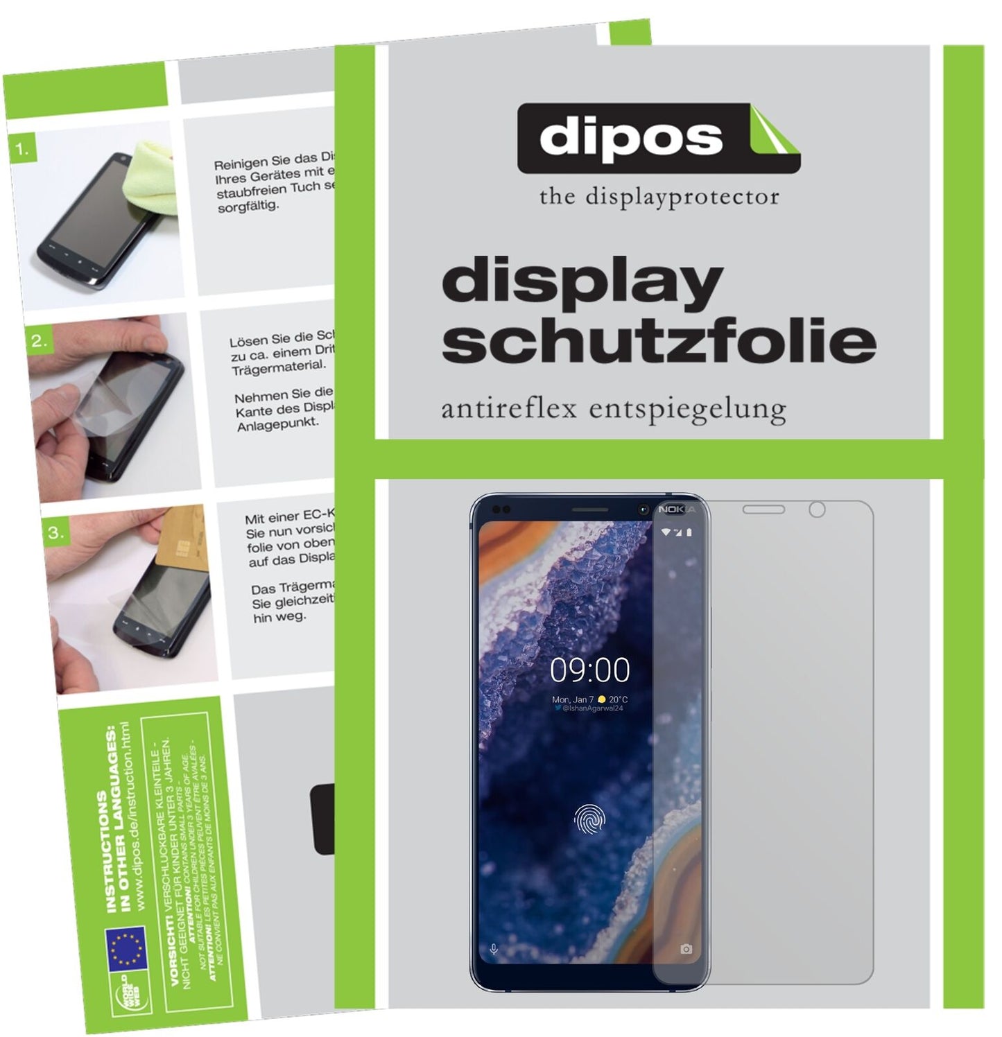 Nokia9 PureView mit aufgebrachter dipos Displayschutzfolie, die lästige Fingerabdrücke minimiert