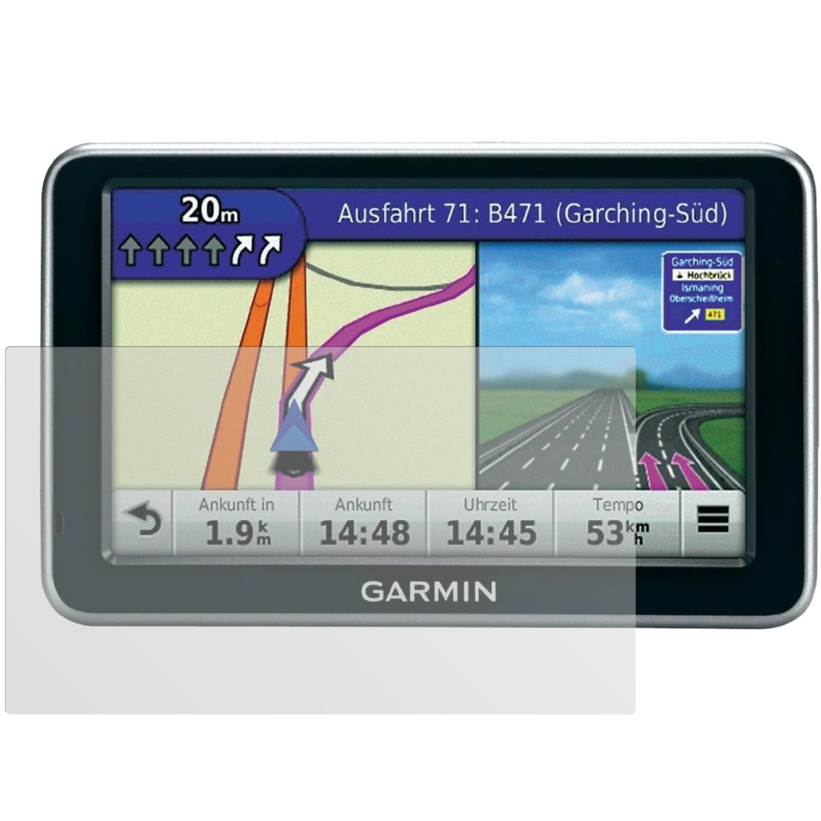 nüvi 140TGarmin mit aufgebrachter dipos Displayschutzfolie, die lästige Fingerabdrücke minimiert