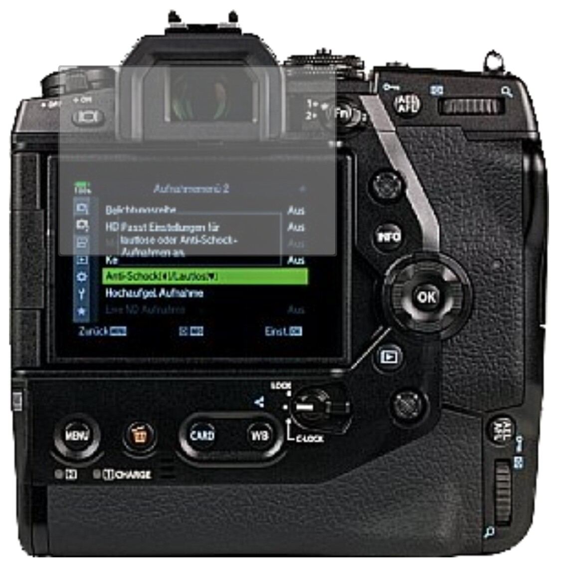 OlympusOM-D E-M1X mit aufgebrachter dipos Displayschutzfolie, die lästige Fingerabdrücke minimiert