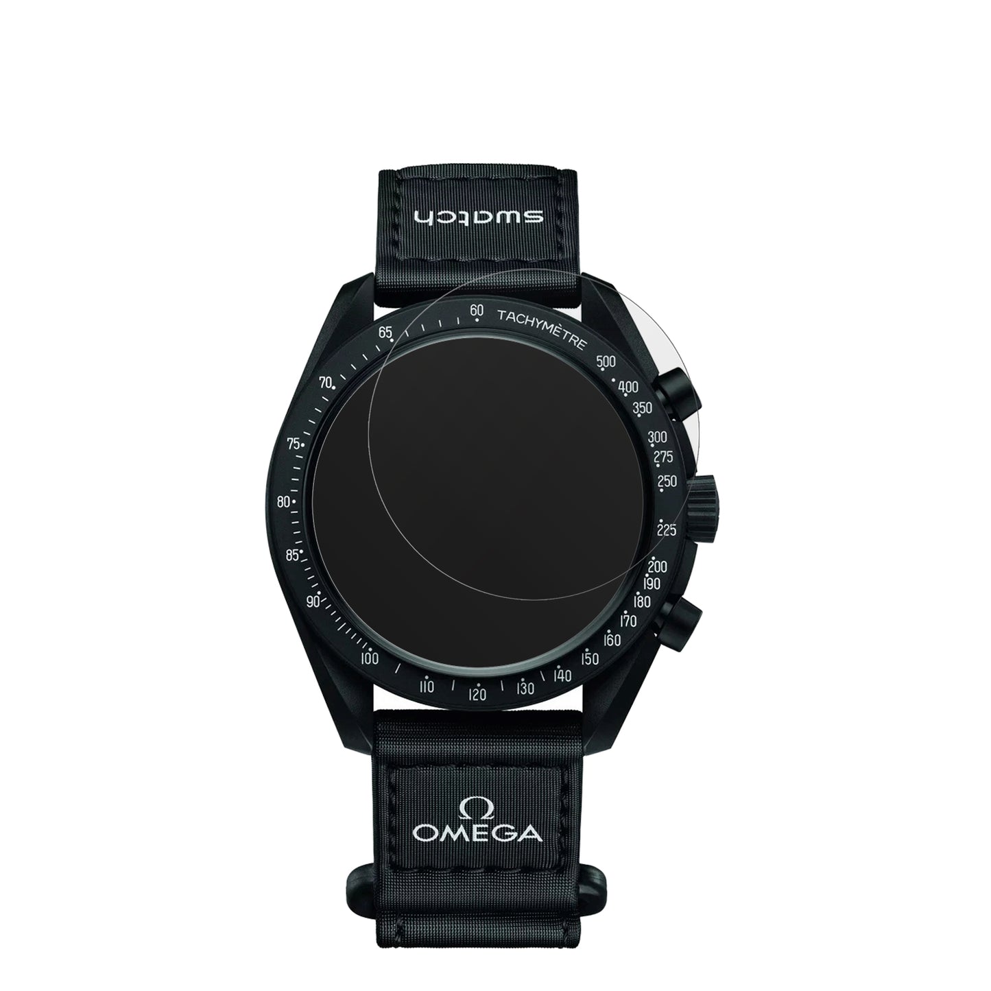 Omega x SwatchSpeedmaster Moonswatch mit aufgebrachter dipos Displayschutzfolie, die lästige Fingerabdrücke minimiert