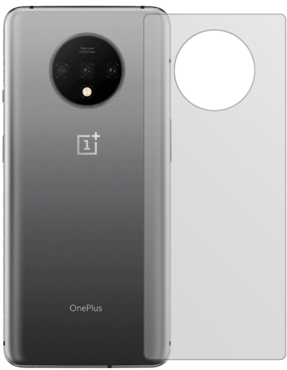 OnePlus7T Rückseite mit aufgebrachter dipos Displayschutzfolie, die lästige Fingerabdrücke minimiert