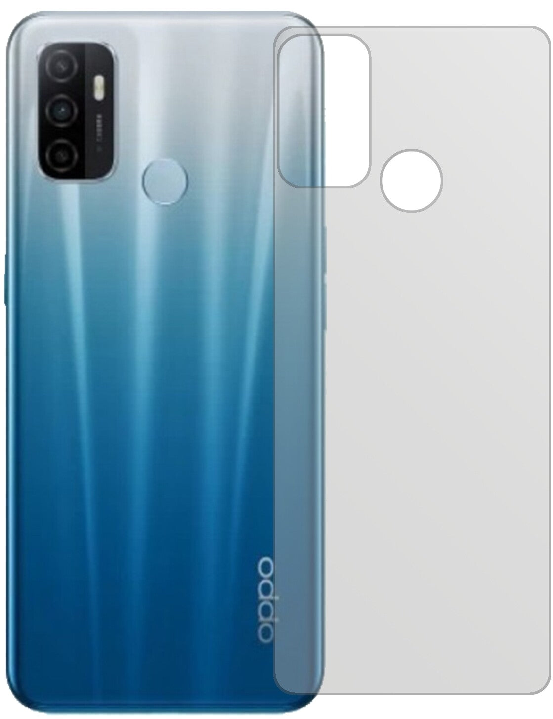 OppoA53 (2020) Rückseite mit aufgebrachter dipos Displayschutzfolie, die lästige Fingerabdrücke minimiert