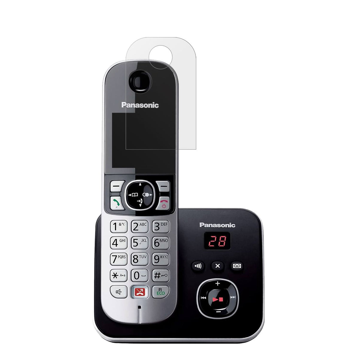PanasonicKX-TG6861 mit aufgebrachter dipos Displayschutzfolie, die lästige Fingerabdrücke minimiert