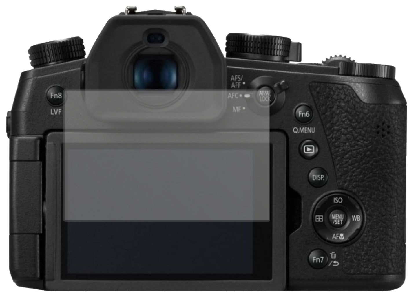 PanasonicLumix DC-FZ1000 II mit aufgebrachter dipos Displayschutzfolie, die lästige Fingerabdrücke minimiert