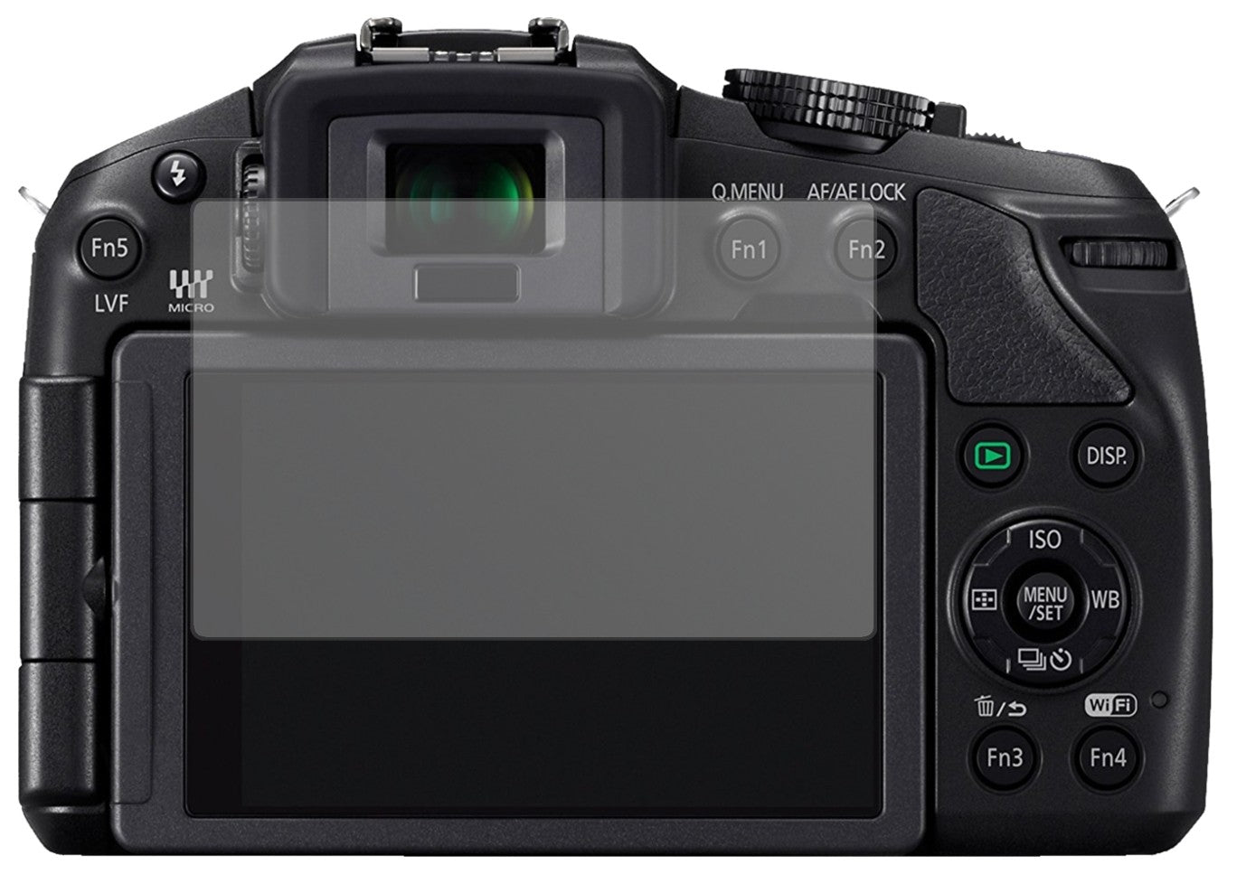 PanasonicLumix DMC-G5KEG-K mit aufgebrachter dipos Displayschutzfolie, die lästige Fingerabdrücke minimiert