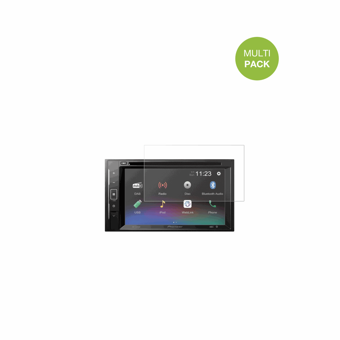PioneerDMH-A240DAB mit aufgebrachter dipos Displayschutzfolie, die lästige Fingerabdrücke minimiert