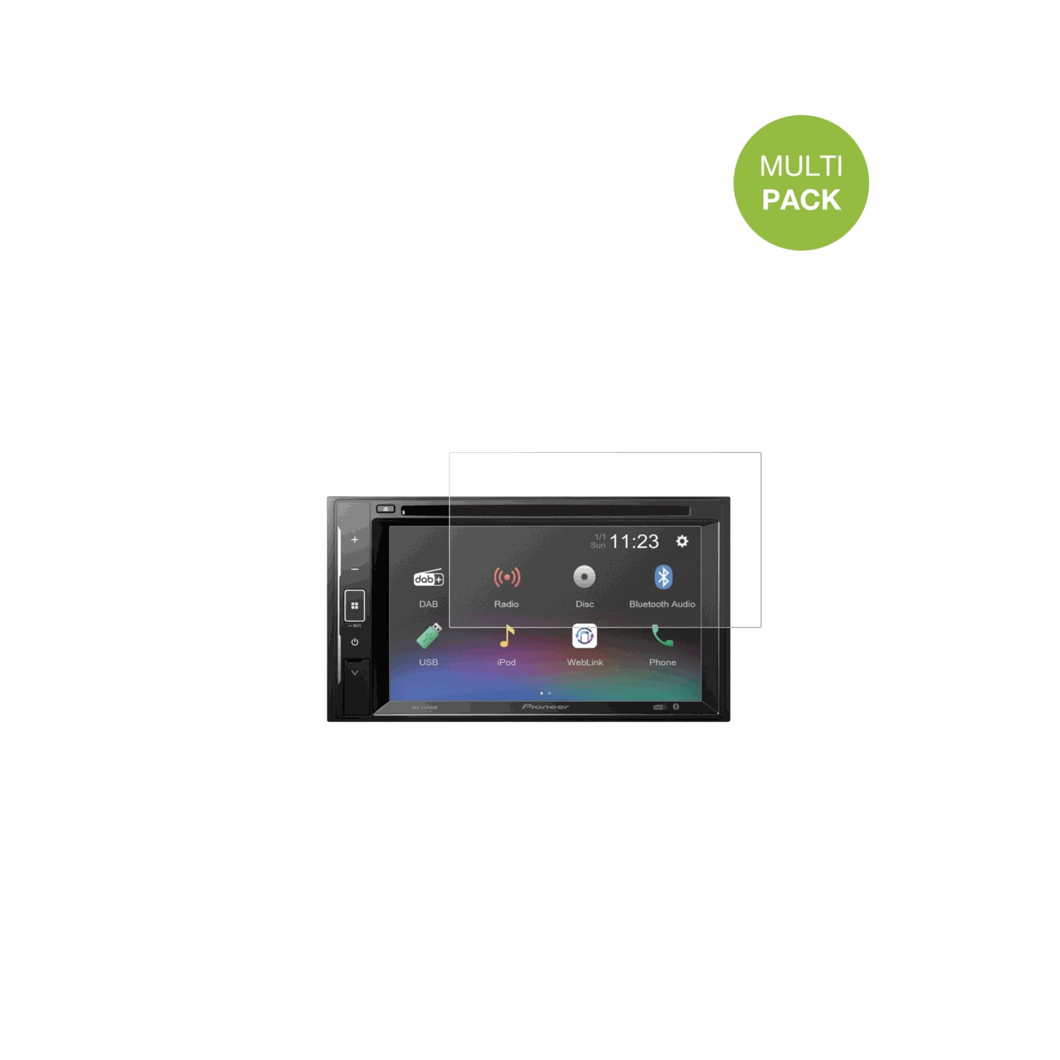 PioneerDMH-A240DAB mit aufgebrachter dipos Displayschutzfolie, die lästige Fingerabdrücke minimiert