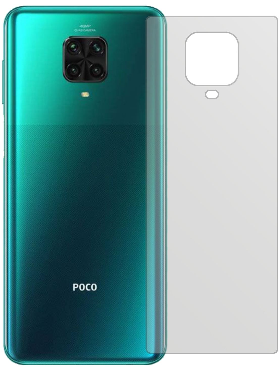 PocoM2 Pro Rückseite mit aufgebrachter dipos Displayschutzfolie, die lästige Fingerabdrücke minimiert