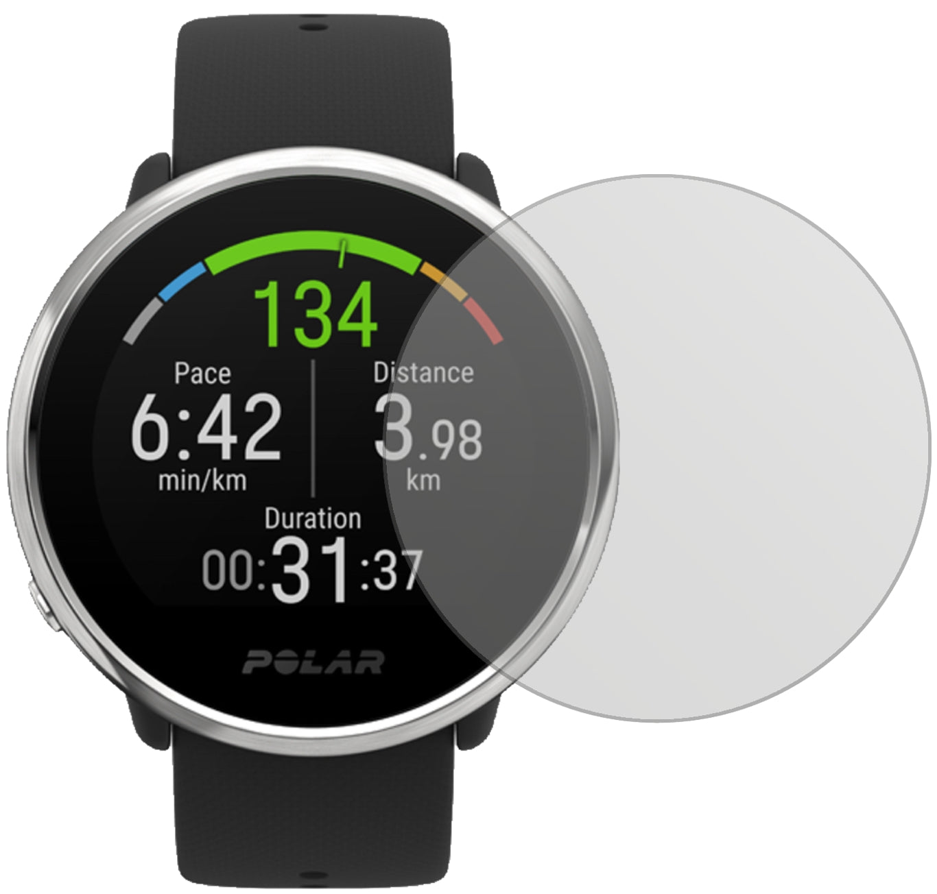 PolarIgnite mit aufgebrachter dipos Displayschutzfolie, die lästige Fingerabdrücke minimiert