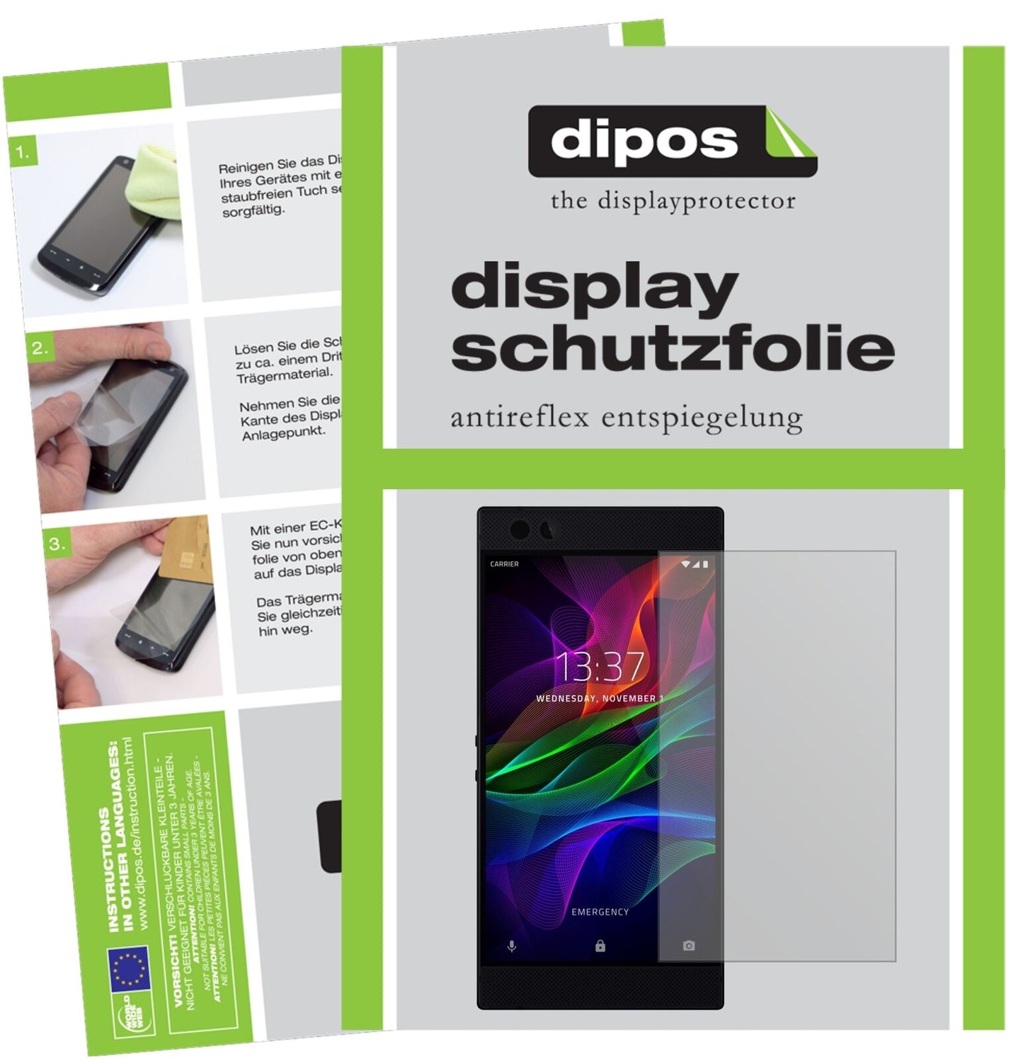 RazerPhone mit aufgebrachter dipos Displayschutzfolie, die lästige Fingerabdrücke minimiert