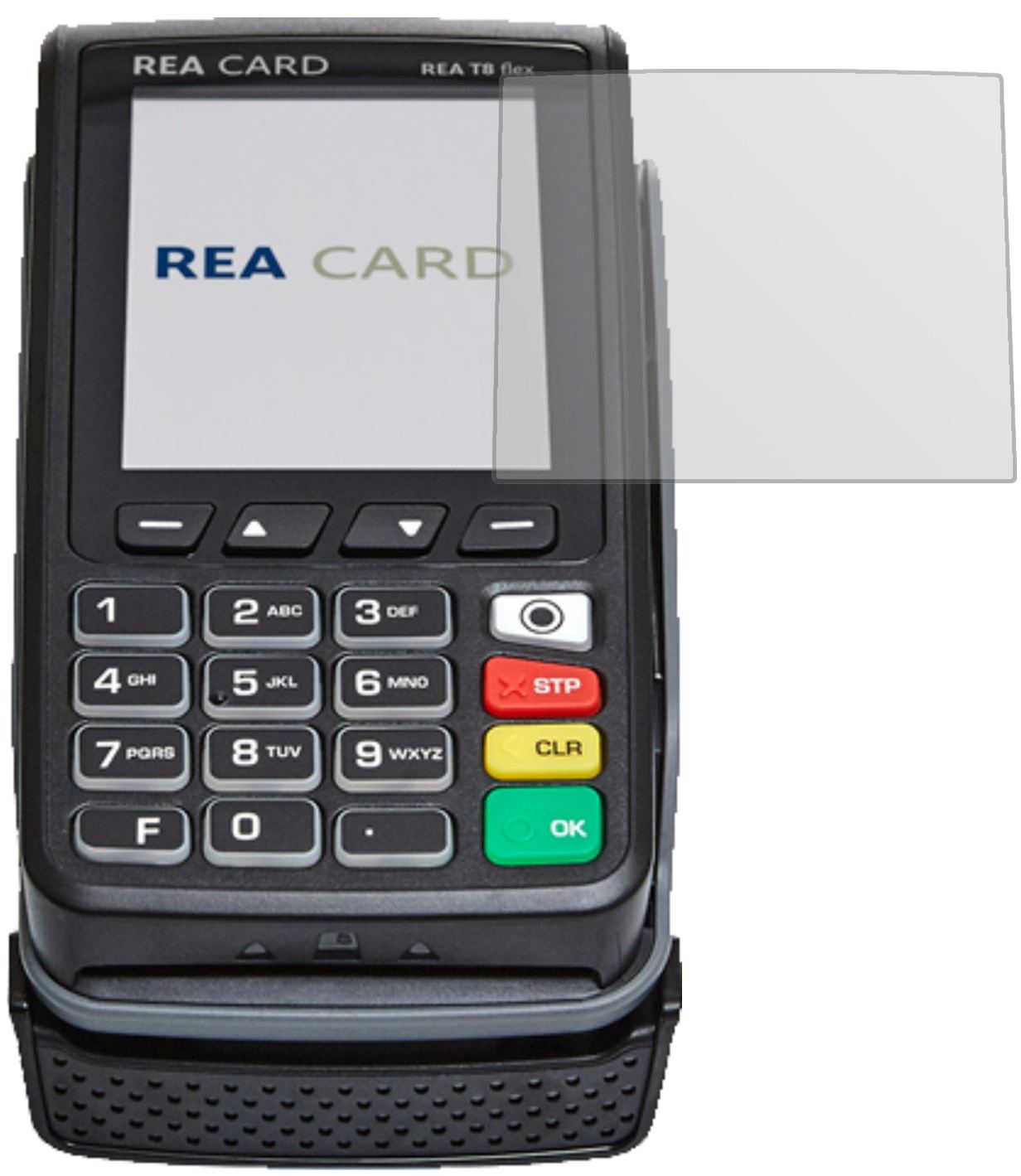 REA CARDT8 flex Terminal mit aufgebrachter dipos Displayschutzfolie, die lästige Fingerabdrücke minimiert