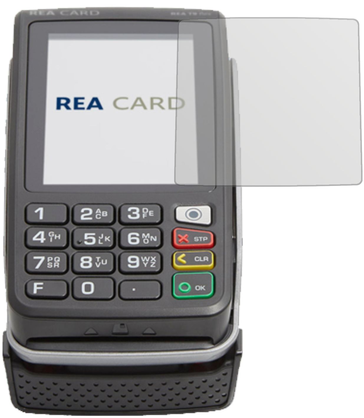 REA CARDT9 flex Terminal mit aufgebrachter dipos Displayschutzfolie, die lästige Fingerabdrücke minimiert