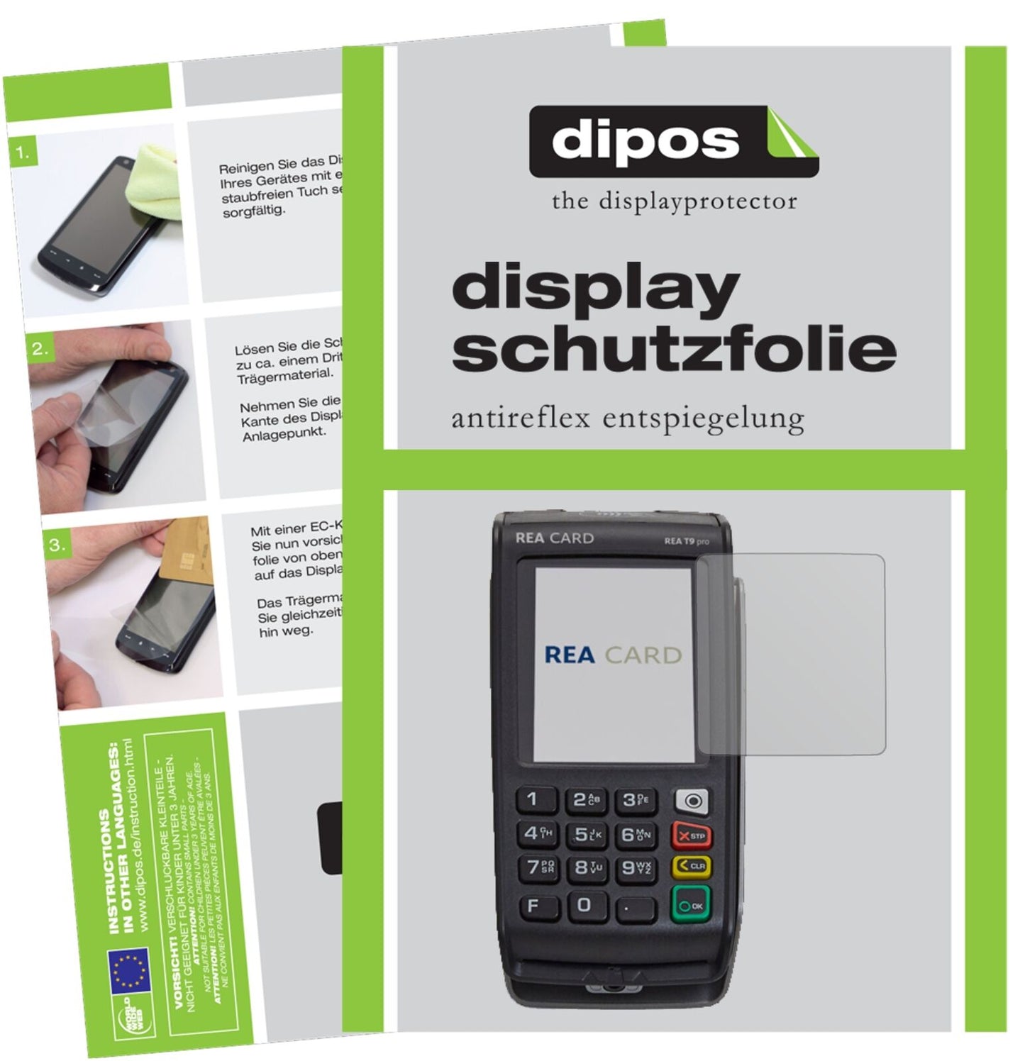 REA CARDT9 pro Terminal mit aufgebrachter dipos Displayschutzfolie, die lästige Fingerabdrücke minimiert