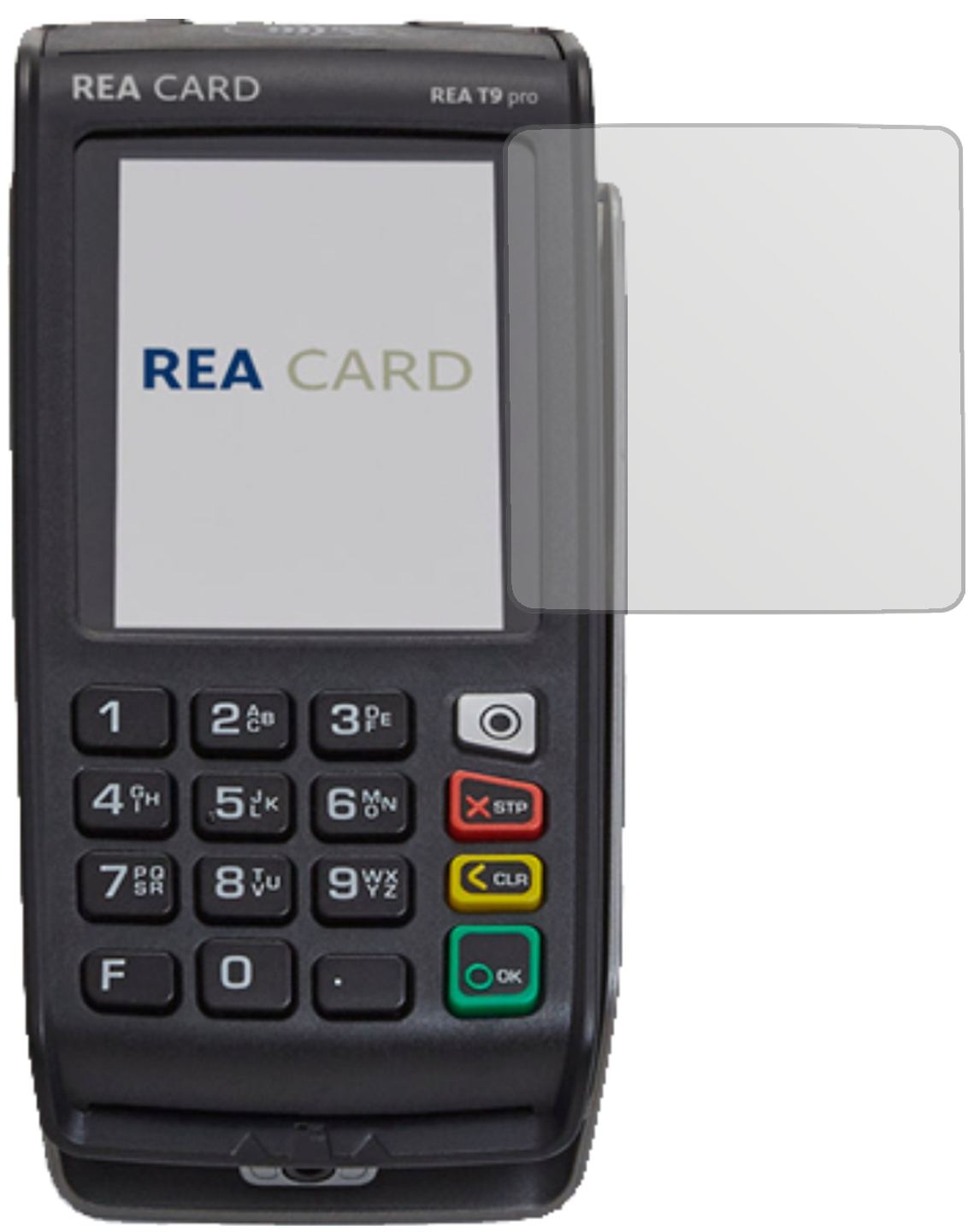 REA CARDT9 pro Terminal mit aufgebrachter dipos Displayschutzfolie, die lästige Fingerabdrücke minimiert