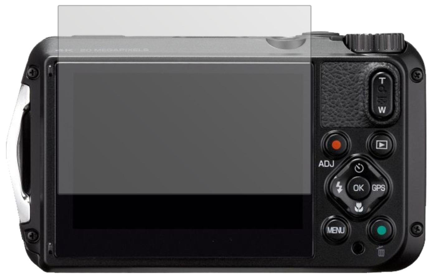 RicohWG-6 mit aufgebrachter dipos Displayschutzfolie, die lästige Fingerabdrücke minimiert