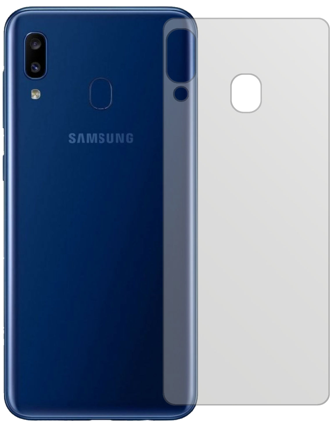 SamsungGalaxy A20 Rückseite mit aufgebrachter dipos Displayschutzfolie, die lästige Fingerabdrücke minimiert