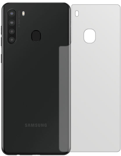 SamsungGalaxy A21 Rückseite mit aufgebrachter dipos Displayschutzfolie, die lästige Fingerabdrücke minimiert