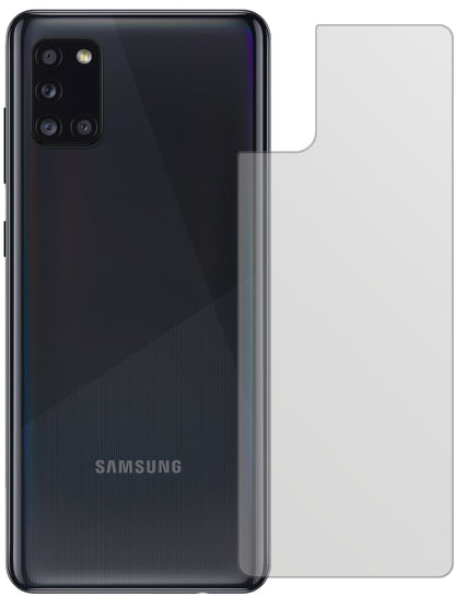 SamsungGalaxy A31 Rückseite mit aufgebrachter dipos Displayschutzfolie, die lästige Fingerabdrücke minimiert