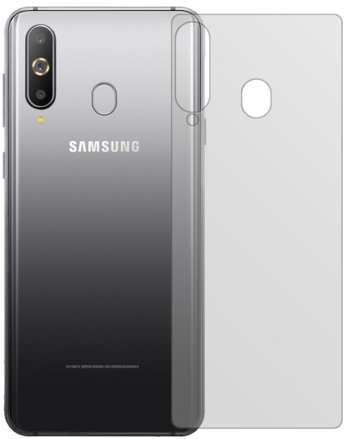 SamsungGalaxy A60 Rückseite mit aufgebrachter dipos Displayschutzfolie, die lästige Fingerabdrücke minimiert