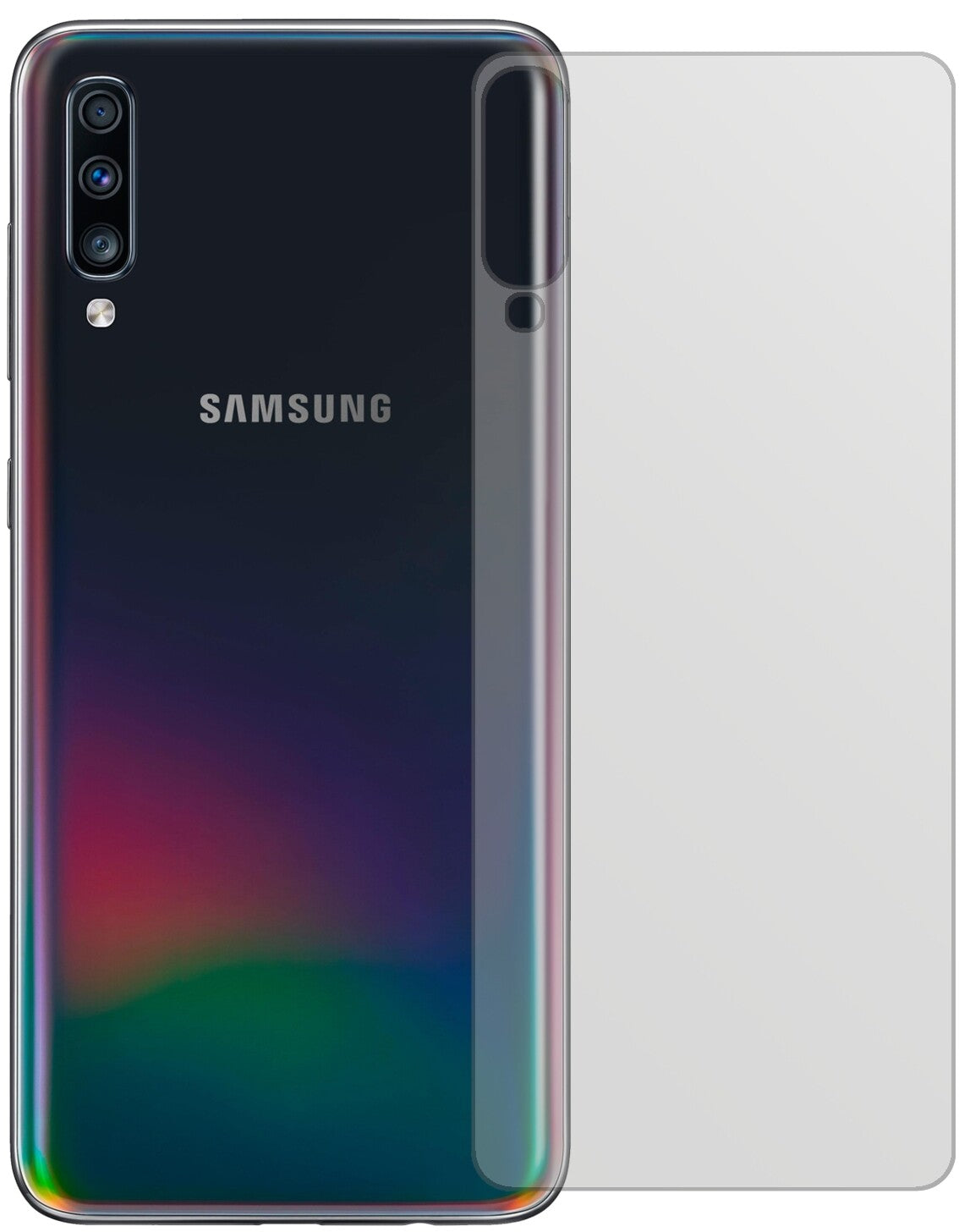 SamsungGalaxy A70 Rückseite mit aufgebrachter dipos Displayschutzfolie, die lästige Fingerabdrücke minimiert