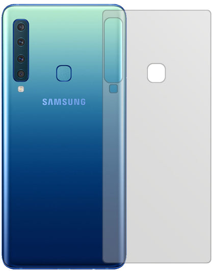 SamsungGalaxy A9 (2018) Rückseite mit aufgebrachter dipos Displayschutzfolie, die lästige Fingerabdrücke minimiert