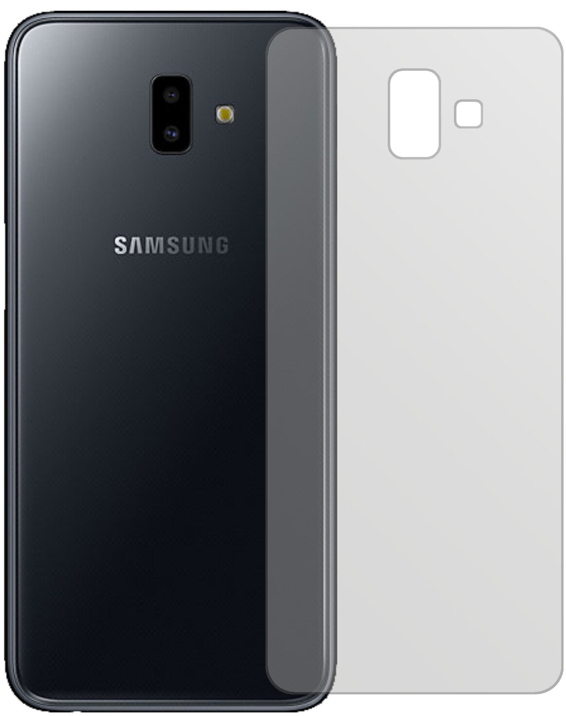 SamsungGalaxy J6 Plus (2018) Rückseite mit aufgebrachter dipos Displayschutzfolie, die lästige Fingerabdrücke minimiert