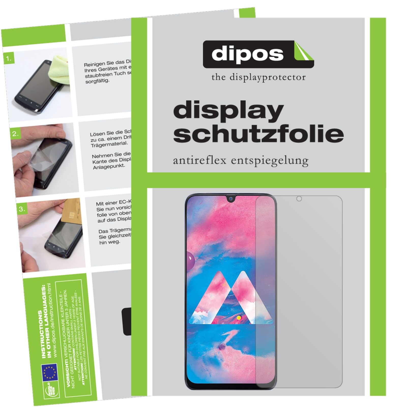SamsungGalaxy M30 mit aufgebrachter dipos Displayschutzfolie, die lästige Fingerabdrücke minimiert