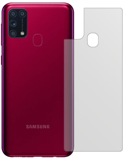 SamsungGalaxy M31s Rückseite mit aufgebrachter dipos Displayschutzfolie, die lästige Fingerabdrücke minimiert