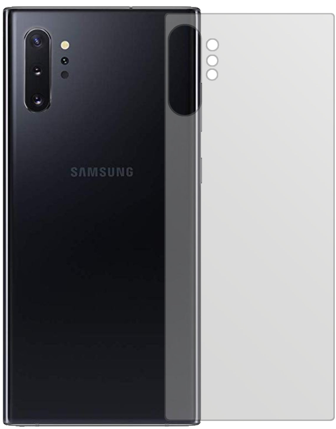 SamsungGalaxy Note 10 Plus 5G Rückseite mit aufgebrachter dipos Displayschutzfolie, die lästige Fingerabdrücke minimiert