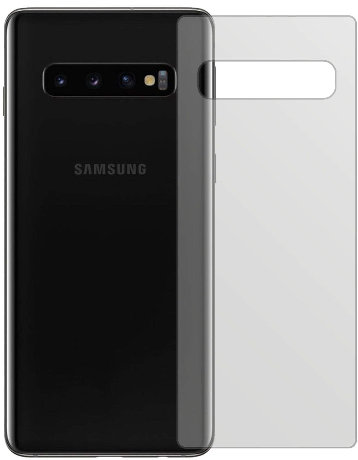 SamsungGalaxy S10 Rückseite mit aufgebrachter dipos Displayschutzfolie, die lästige Fingerabdrücke minimiert