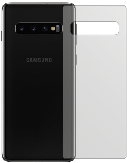 SamsungGalaxy S10 Rückseite mit aufgebrachter dipos Displayschutzfolie, die lästige Fingerabdrücke minimiert