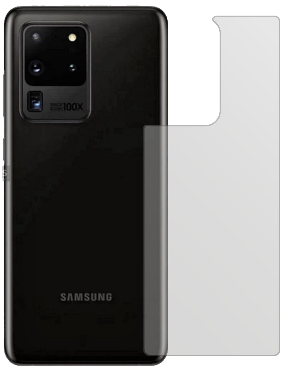 SamsungGalaxy S20 Ultra 5G Rückseite mit aufgebrachter dipos Displayschutzfolie, die lästige Fingerabdrücke minimiert