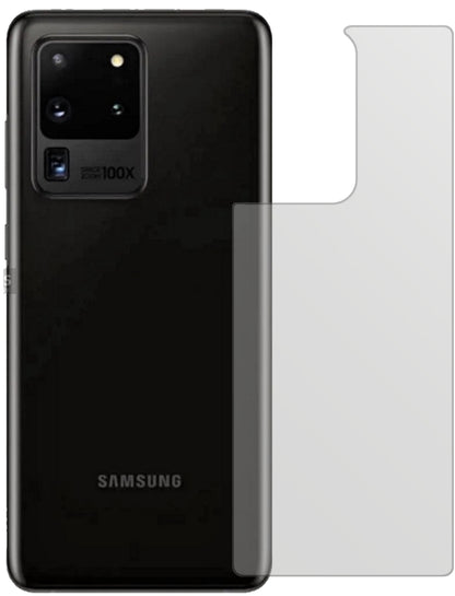 SamsungGalaxy S20 Ultra 5G Rückseite mit aufgebrachter dipos Displayschutzfolie, die lästige Fingerabdrücke minimiert