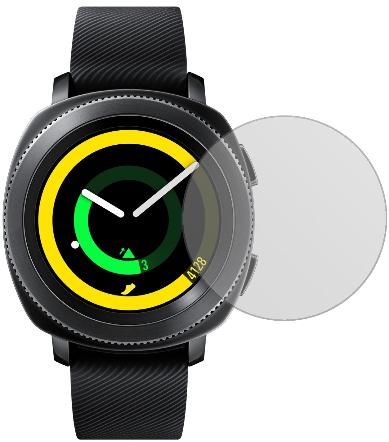 SamsungGear Sport mit aufgebrachter dipos Displayschutzfolie, die lästige Fingerabdrücke minimiert