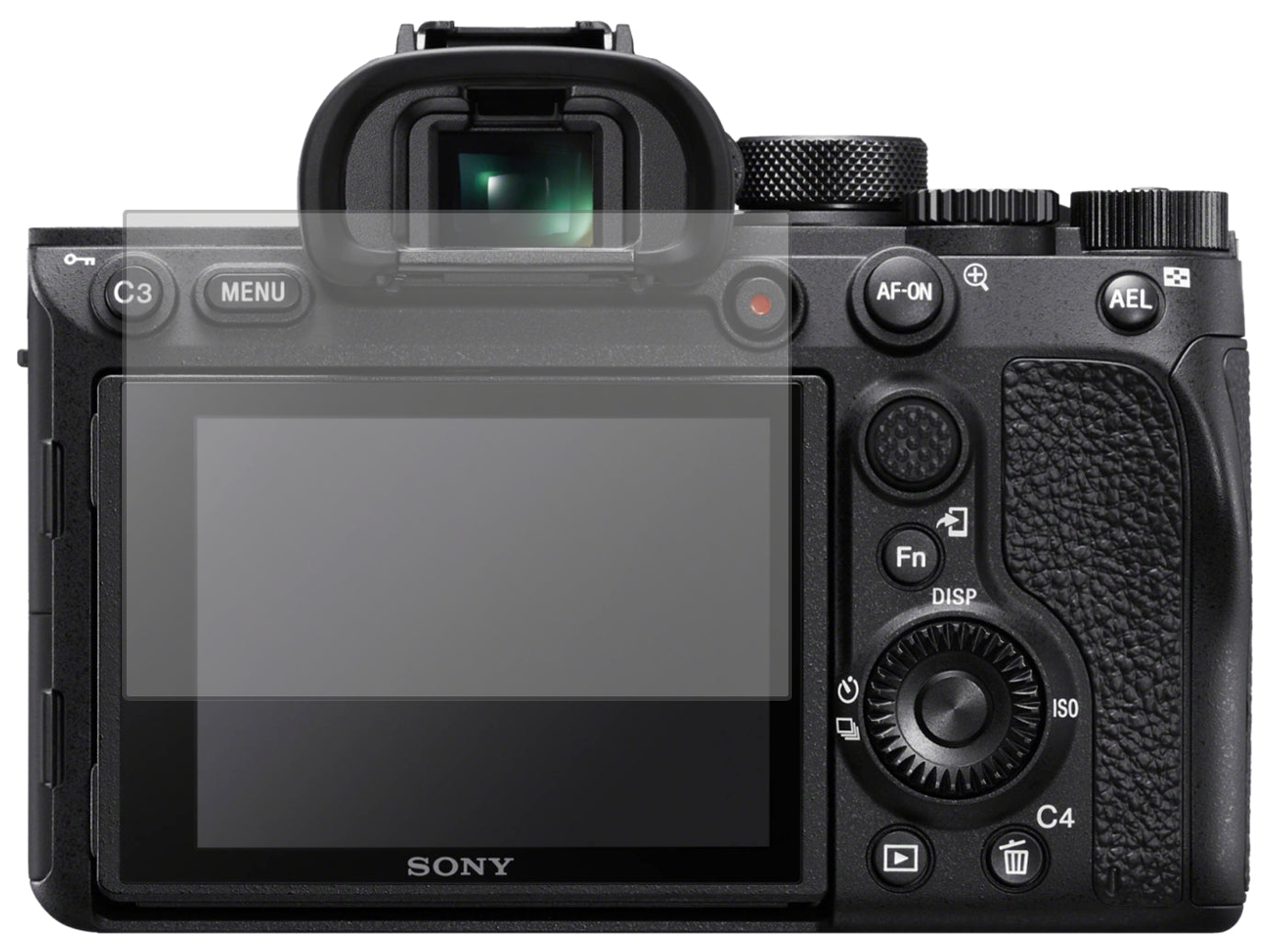 SonyA7R IV mit aufgebrachter dipos Displayschutzfolie, die lästige Fingerabdrücke minimiert