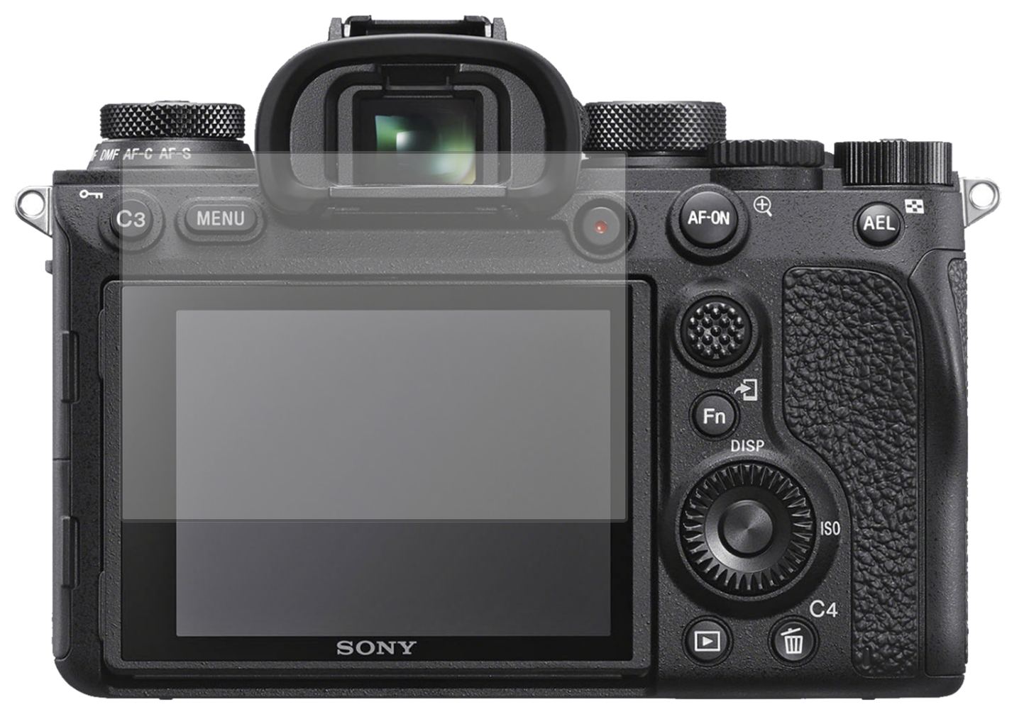 SonyAlpha 99 II mit aufgebrachter dipos Displayschutzfolie, die lästige Fingerabdrücke minimiert